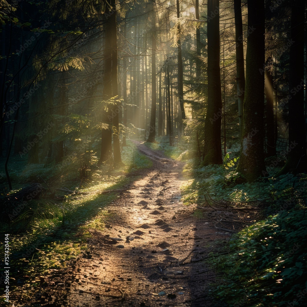 A hiking trail in a dense forest in the early morning.