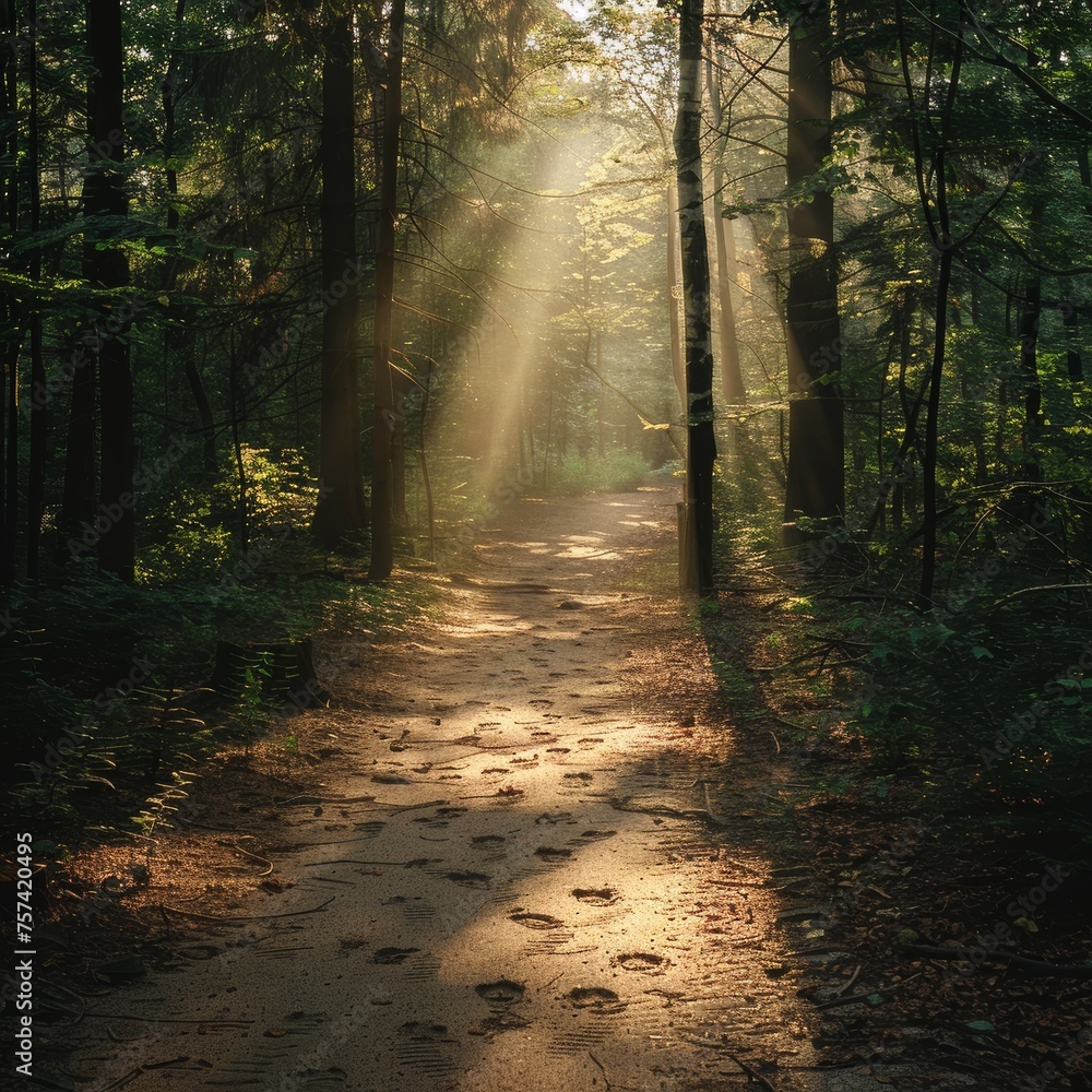 Fototapeta premium A hiking trail in a dense forest in the early morning.