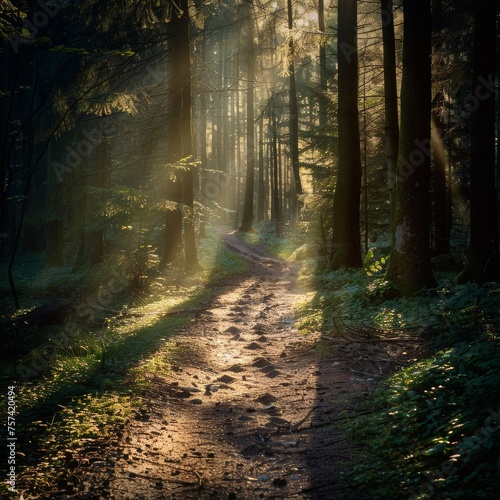 A hiking trail in a dense forest in the early morning.