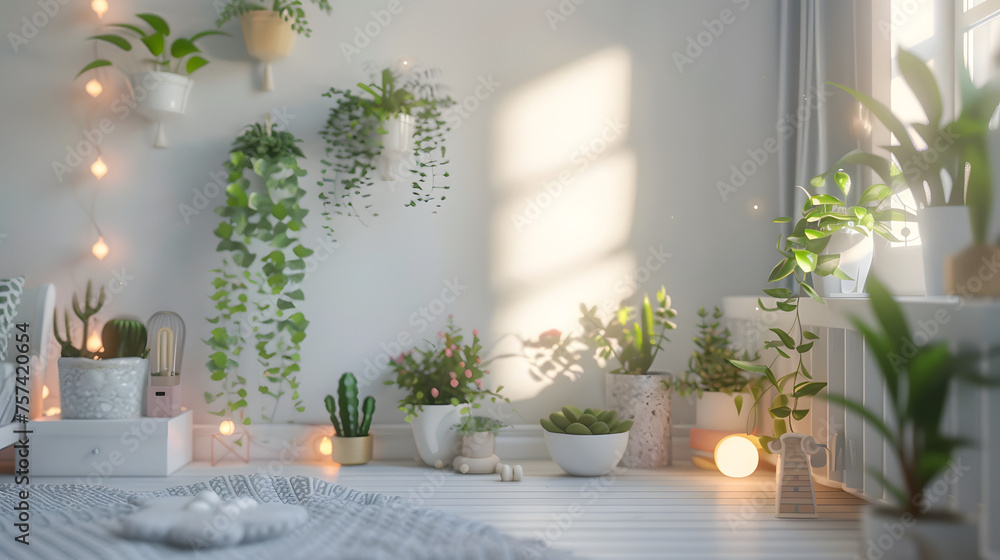 A serene corner filled with a variety of houseplants and string lights, casting a warm glow and peaceful ambiance perfect for relaxation