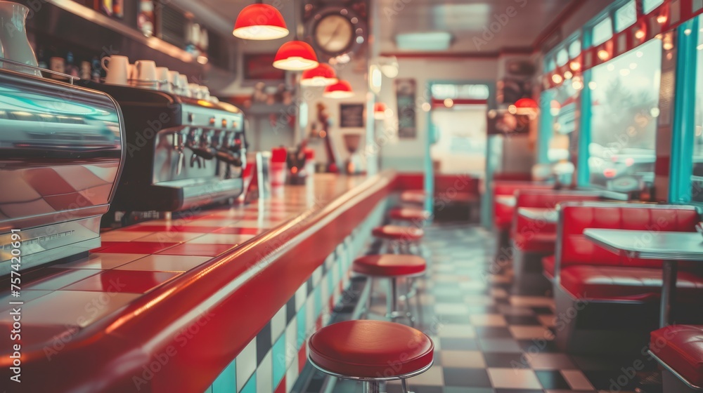 Vintage photo of red American cafe 50s, retro interior design	
