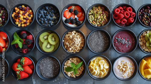 An array of colorful breakfast bowls filled with fruits, oats and smoothies shot from an overhead perspective photo