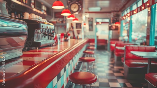 Vintage photo of red American cafe 50s, retro interior design 