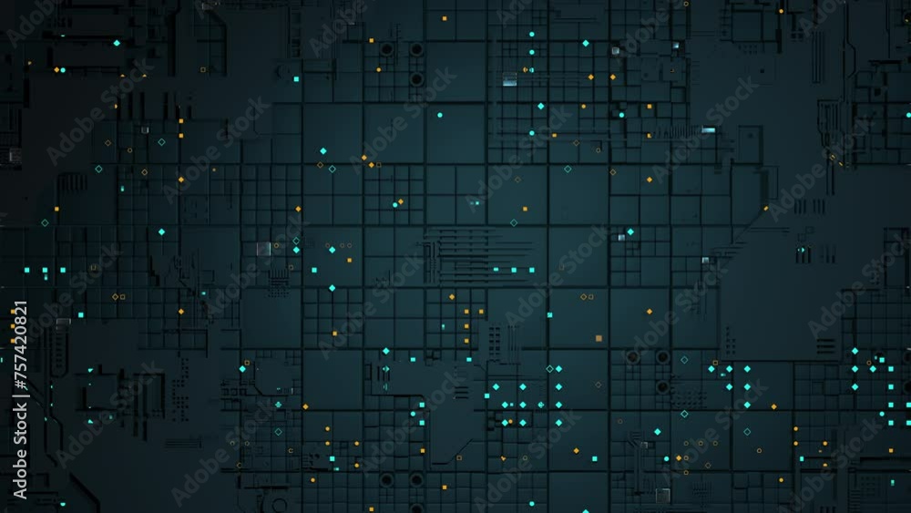 3d abstract loop animation of microchip processing data background