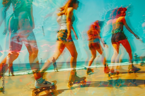 group of young people rollerskating along the beach, sunny california vibe, motion blur