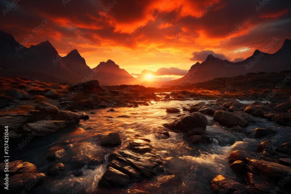 a river flowing through a rocky landscape with mountains in the background at sunset