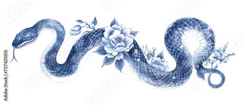 Minimalist delicate snake and flowers horizontal illustration. Blue and white porcelain style oriental tattoo sketch. Chinese New Year 2025 Zodiac Snake.