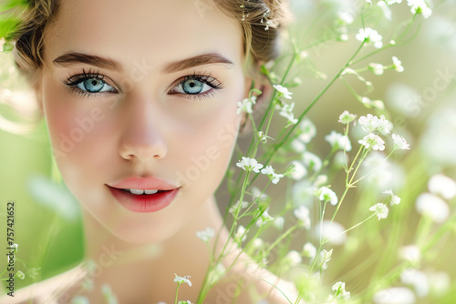 Portrait of beautiful girl with natural make-up with spring flowers