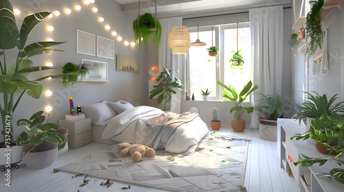 A playful and vibrant bedroom with scattered toys, plants, and whimsical string lights creating a comfortable and lively space