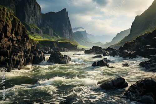 A scenic river winds through mountains in a majestic natural landscape