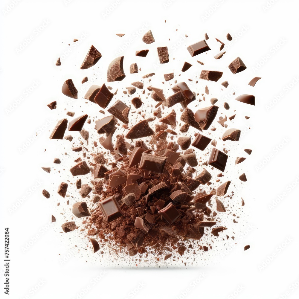 Fototapeta premium Flying small Chocolate crumbs and pieces isolated on a white background
