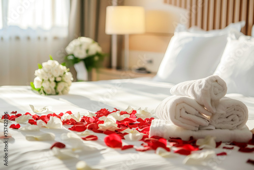 Hotel bed adorned with scattered rose petals and a neatly folded towel on top, creating a romantic and intimate atmosphere. Honeymoon concept.