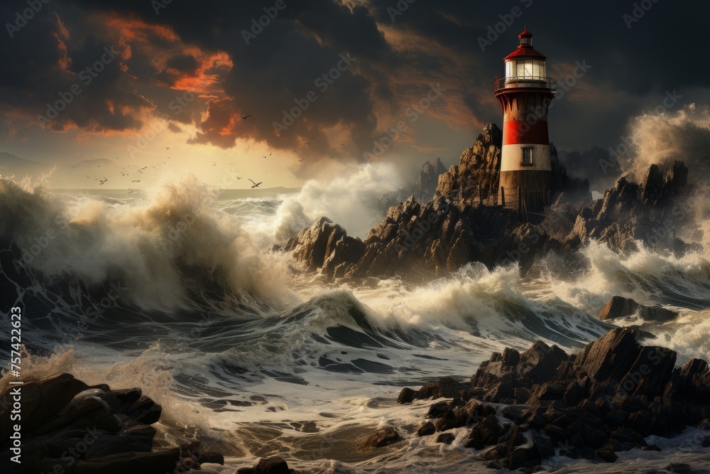 Lighthouse art painting with waves crashing against rocky island tower