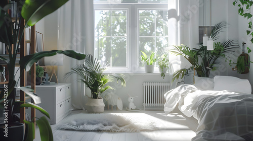 A serene bedroom setting with sunlit windows, lush indoor plants, and a comfortably unmade bed, evoking a restful atmosphere