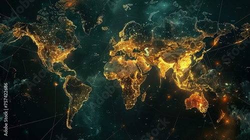 Network connected world map with gold color for technology concept. Generate AI image