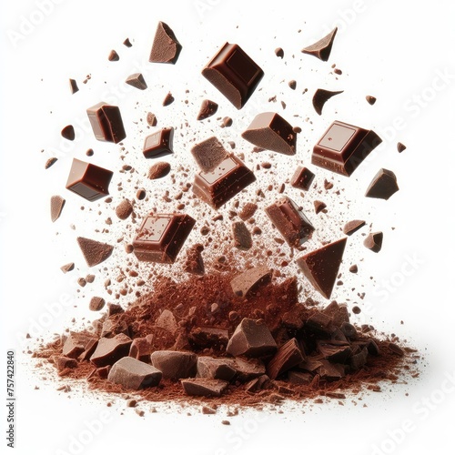 Flying small Chocolate crumbs and pieces isolated on a white background