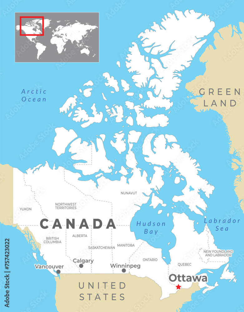 Fototapeta premium Canada Political Map with capital Ottawa, most important cities and national borders