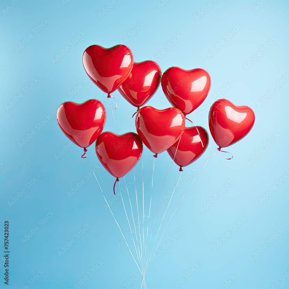 Red heart shaped balloons on blue pastel background