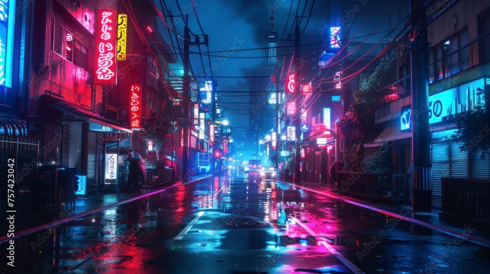 beautiful streets of Tokyo at night with neon buildings and houses in high resolution and quality
