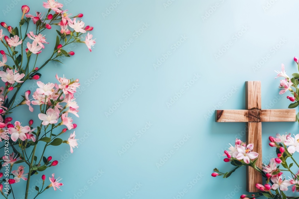 Photo of a wooden cross and flowers on a light blue background, representing Christian worship for Easter celebration Generative AI - obrazy, fototapety, plakaty 