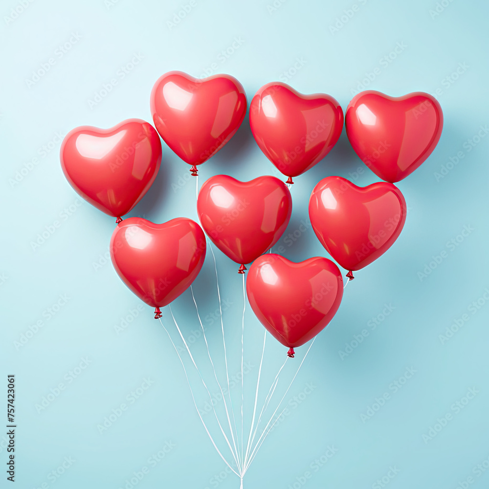 Red heart shaped balloons on blue pastel background