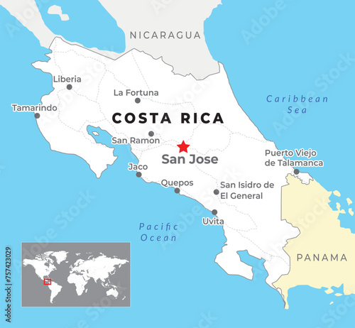 Costa Rica Political Map with capital San José, most important cities and national borders