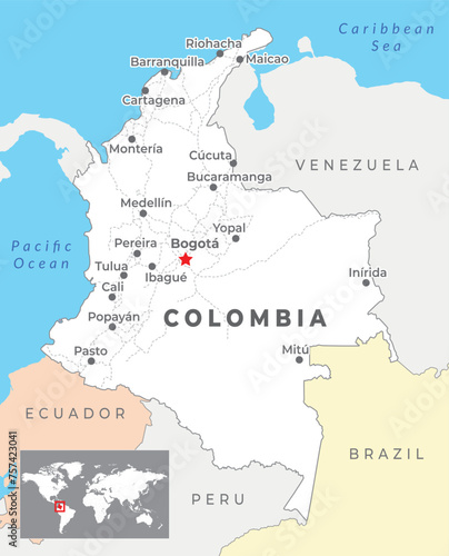 Colombia map with capital Bogota, most important cities and national borders