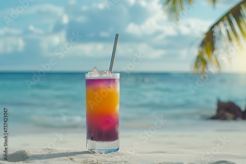 refreshing colorful cocktail with a metal straw on a white sand beach close up, palm trees and sea in the background