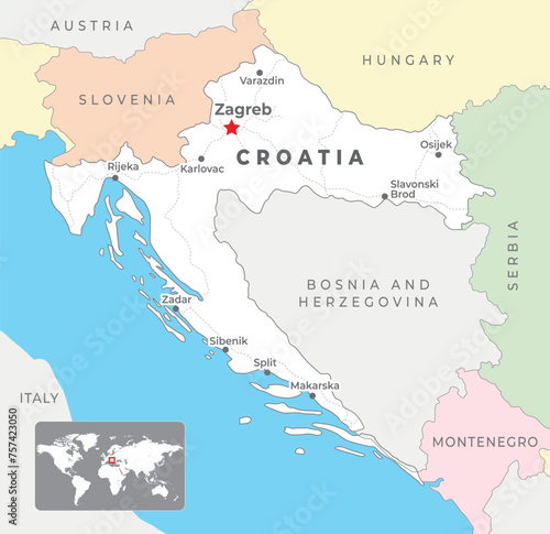 Croatia Map with capital Zagreb, most important cities and national borders