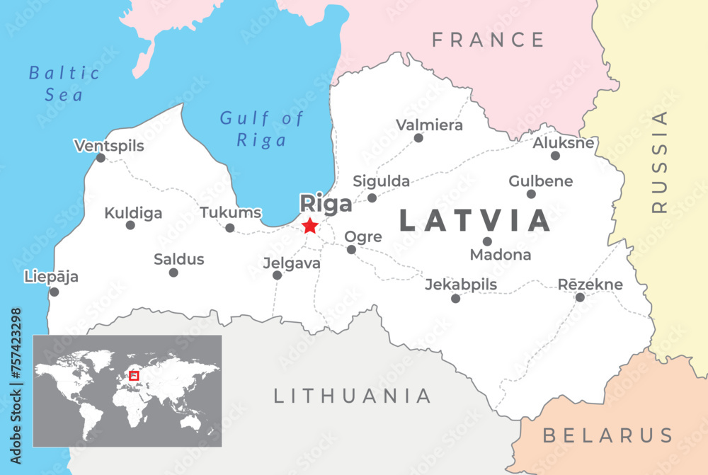 Latvia political map with capital Riga, most important cities and national borders