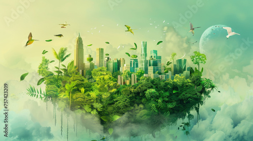 A city is floating in the sky with trees and birds. The city is surrounded by a lush green forest and the sky is filled with clouds. Concept of harmony between nature and urban life © Mongkol
