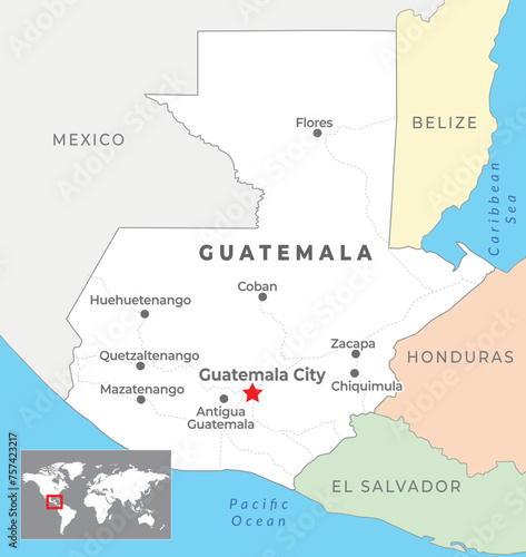 Guatemala Political Map with capital Guatemala City, most important cities and national borders photo