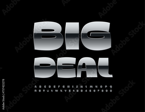 Vector business Emblem Big Deal. Trendy Metallic Font. Modern Stylish Alphabet Letters and Numbers set.
