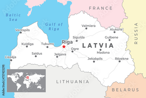 Latvia political map with capital Riga, most important cities and national borders
