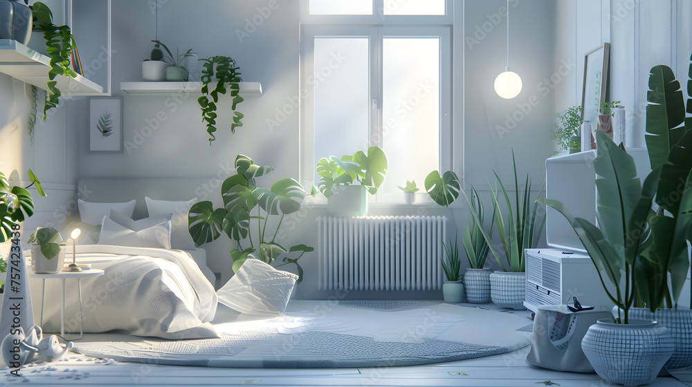 A tranquil bedroom scene with soft lighting, plush bedding, and green plants creating a soothing, homely atmosphere
