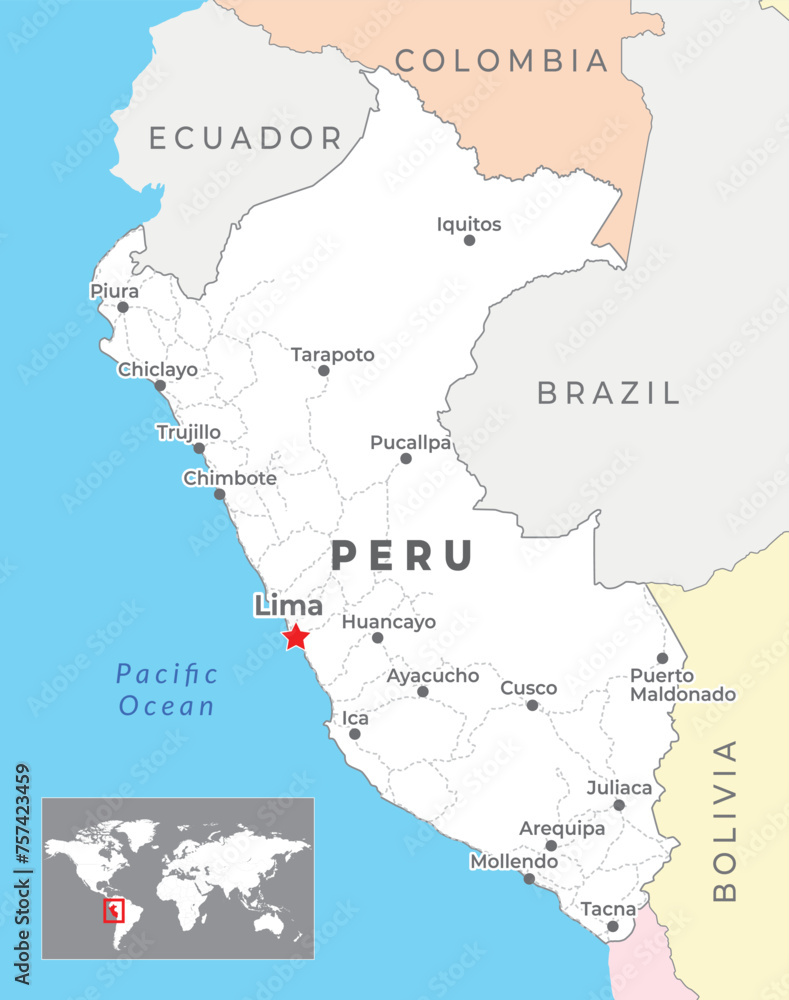 Peru map with capital Lima, most important cities and national borders
