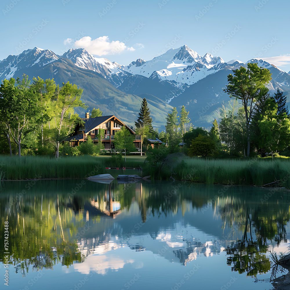 A serene yoga retreat nestled in the mountains, with panoramic views of snow-capped peaks and tranquil lakes. 