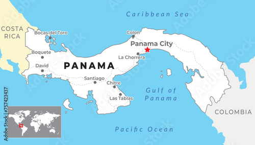 Panama Political Map with capital Panama City, most important cities and national borders