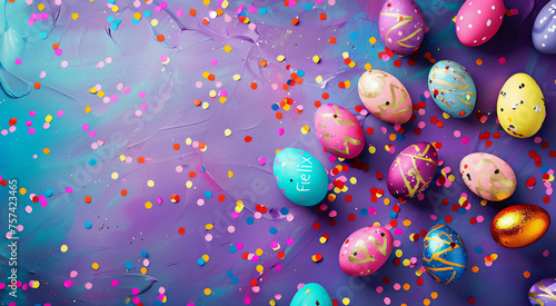 Ovos de Páscoa  decorados e coloridos em um fundo lilás com espaço para texto photo