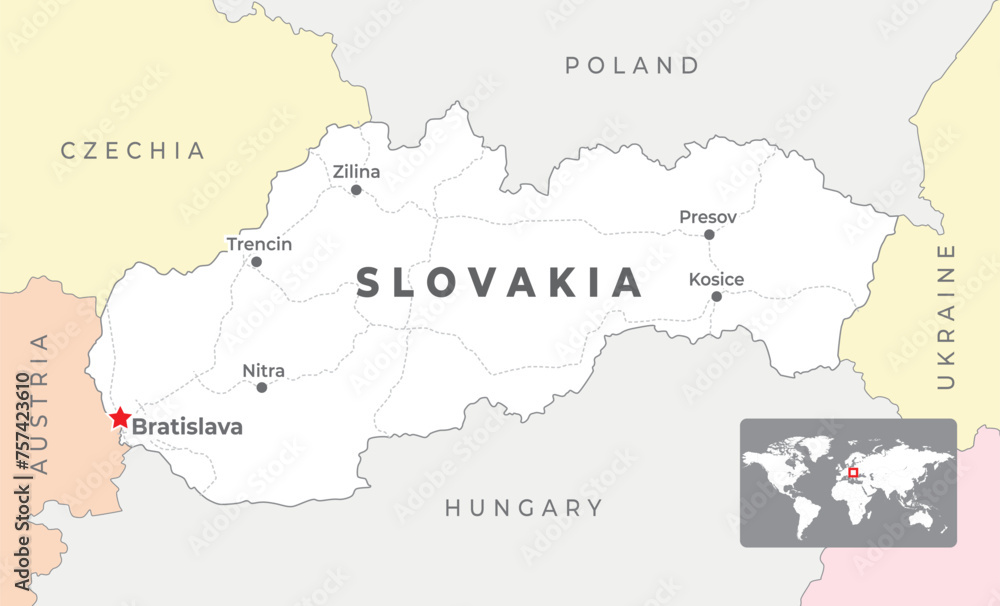 Slovakia political map with capital Bratislava, most important cities and national borders - obrazy, fototapety, plakaty 
