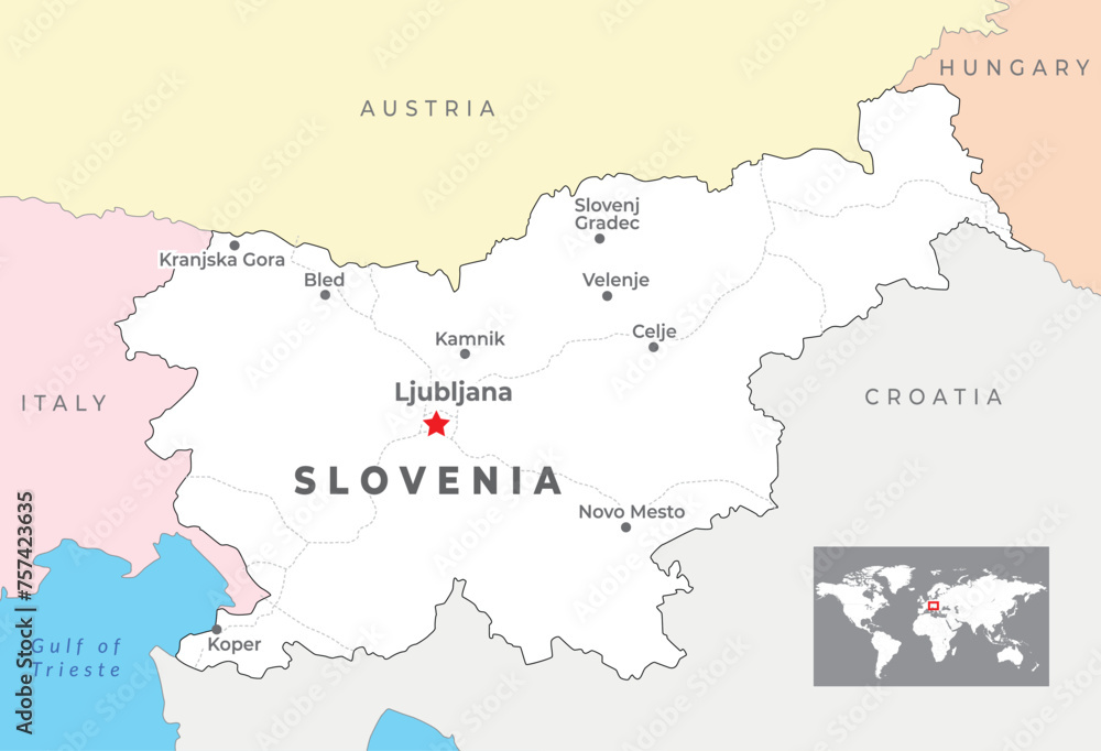Slovenia political map with capital Ljubljana, most important cities and national borders
