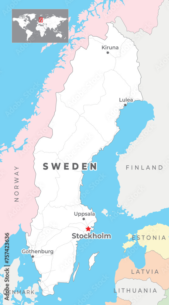 Sweden Political Map with capital Stockholm, most important cities and national borders - obrazy, fototapety, plakaty 