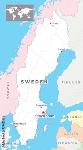 Sweden Political Map with capital Stockholm, most important cities and national borders