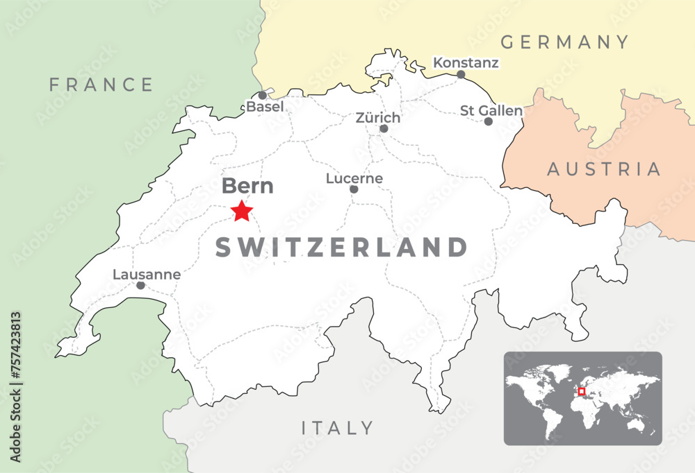 Switzerland Political Map with capital Bern, most important cities and national borders