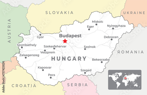 Hungary political map with capital Budapest, most important cities and national borders