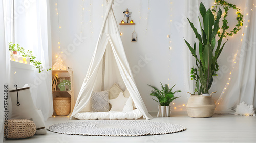 Magical children's corner featuring a cozy teepee and fairy lights, perfect for storytelling and play in a safe, inviting space