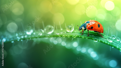 ladybug in the grass with dew drops. flowers  insects  dew  raindrops. picture. painting for offices  beauty salons  residential premises.