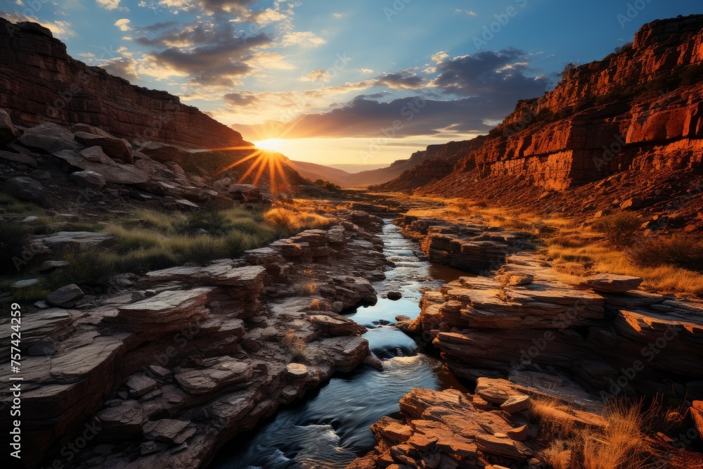 The sun sets over a canyon river, painting the sky with vibrant colors