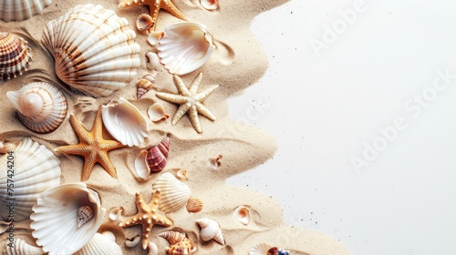 Top view sand and seashells tropical beach with copy space background. AI generated image