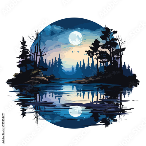 Moonlit Lake Clipart isolated on white background